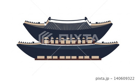 Architecture - Korean Traditional Palace Building Flat Vector Illustration with Curved Tiled Roof and Wooden Structure 140609322