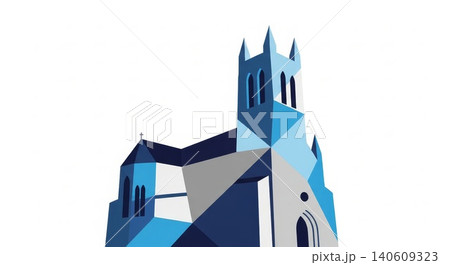 Architecture - Low Angle View of Geometric Polygon Style Christian Church with Bell Tower Blue Illustration 140609323