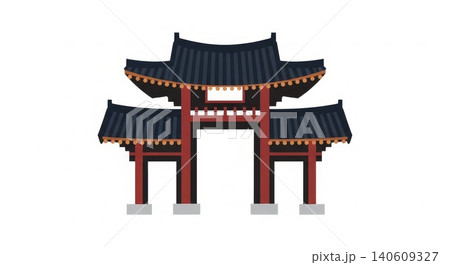 Architecture - Traditional Korean Palace Gate Flat Design Illustration with Dark Tiled Curved Roof and Red Pillars 140609327
