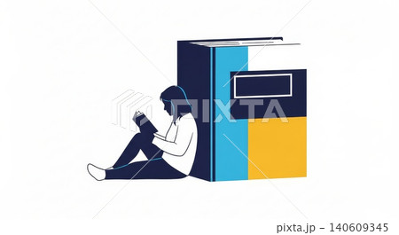 Education - Young Woman Sitting on Floor Reading Book Leaning Against Giant Oversized Book Illustration Education - Young Woman Sitting on Floor Reading Book Leaning Against Giant Oversized Book Illustration 140609345