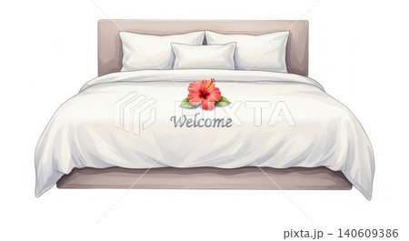 Hotel - Luxury Hotel Bed with White Bedding Hibiscus Flower and Welcome Text Tropical Resort Room Hotel - Luxury Hotel Bed with White Bedding Hibiscus Flower and Welcome Text Tropical Resort Room 140609386