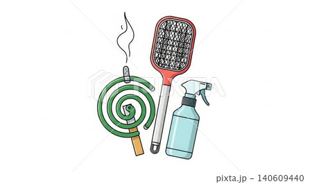 Pest Control - Mosquito Coil Electric Swatter and Insect Repellent Spray Bottle Illustration Set Pest Control - Mosquito Coil Electric Swatter and Insect Repellent Spray Bottle Illustration Set 140609440