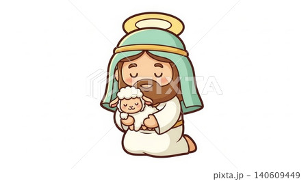 Religion - Cute Cartoon Jesus Christ Kneeling and Holding a Baby Lamb with Halo and Green Headcover 140609449