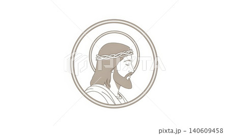 Religion - Jesus Christ Profile Illustration with Crown of Thorns and Halo in Circular Medallion Design Religion - Jesus Christ Profile Illustration with Crown of Thorns and Halo in Circular Medallion Design 140609458