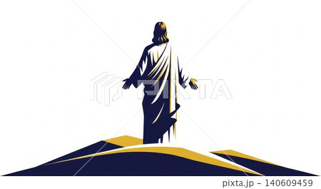 Religion - Jesus Christ Standing on Hill with Open Arms Viewed from Behind Navy Blue Gold Illustration Religion - Jesus Christ Standing on Hill with Open Arms Viewed from Behind Navy Blue Gold Illustration 140609459