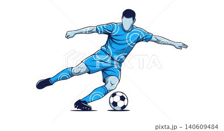 Soccer - Dynamic Blue Uniform Football Player Kicking Ball in Action Pose Flat Vector Illustration Soccer - Dynamic Blue Uniform Football Player Kicking Ball in Action Pose Flat Vector Illustration 140609484