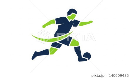 Soccer - Dynamic Football Player Kicking Ball Geometric Polygon Style Navy Blue Lime Green Sport Logo Icon 140609486