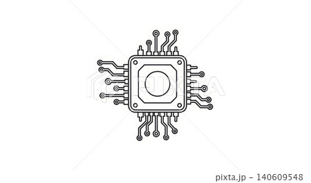 Technology - Microchip CPU Processor Icon with Circuit Board Traces and Connection Points Line Art Illustration 140609548