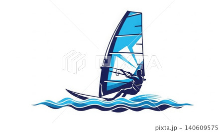 Windsurfing - Dynamic Vector Illustration of Windsurfer Riding Ocean Waves with Blue Sail Logo Design 140609575