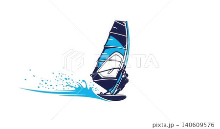 Windsurfing - Dynamic Windsurfer Riding Ocean Wave with Blue and Navy Sail Splash Vector Illustration 140609576