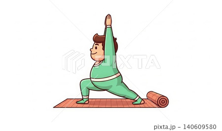 Yoga - Chubby Cartoon Man in Green Tracksuit Doing Warrior Pose on Orange Yoga Mat with Rolled Edge Yoga - Chubby Cartoon Man in Green Tracksuit Doing Warrior Pose on Orange Yoga Mat with Rolled Edge 140609580