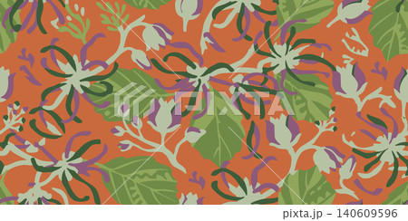 Floral seamless pattern featuring stylistic witch hazel blossoms, buds, and green foliage over an orange backdrop. Great for fabric or wallpaper. Floral seamless pattern featuring stylistic witch hazel blossoms, buds, and green foliage over an orange backdrop. Great for fabric or wallpaper. 140609596