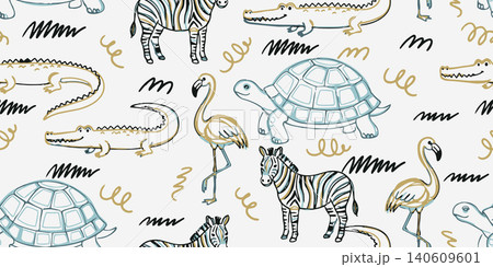 Hand-drawn seamless pattern featuring cute zebras, turtles, flamingos, and crocodiles on a light background. Perfect for kids textile and nursery. 140609601
