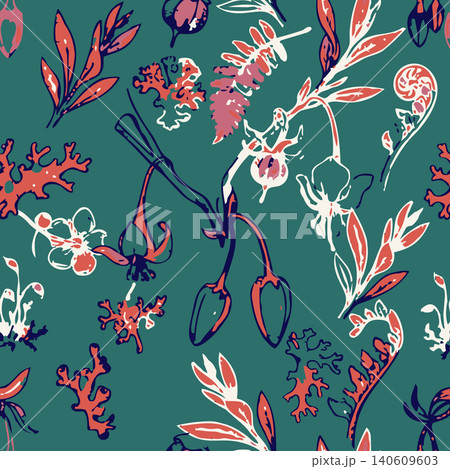 Seamless vector pattern featuring abstract linocut forest flora, wild flowers, fern leaves, and moss on a dark teal green background. 140609603