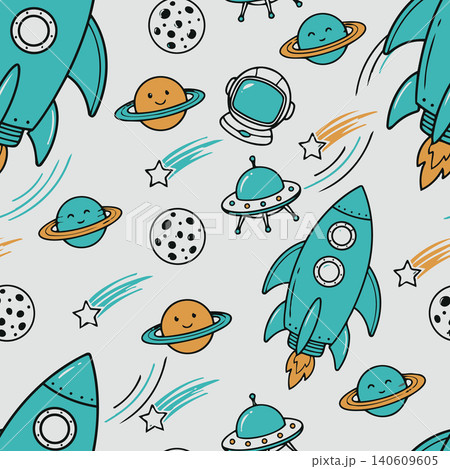 Seamless vector pattern with cute cartoon rockets, outer space planets, UFOs, and stars on a grey background. Perfect for kids fabric and nursery. 140609605