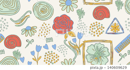 Quirky retro floral seamless pattern featuring hand-drawn rose, tulip, daisy, and abstract geometric doodle shapes for fabric and wallpaper. 140609629