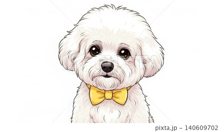 Animal - Cute White Bichon Frise Dog Illustration with Yellow Bow Tie on White Background 140609702