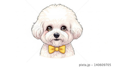 Animal - Cute White Bichon Frise Puppy Cartoon Illustration with Yellow Bow Tie on White Background 140609705