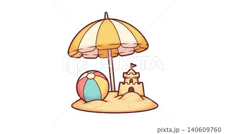 Beach - Cute Cartoon Beach Umbrella With Colorful Ball and Sandy Sandcastle on Summer Sand Island 140609760