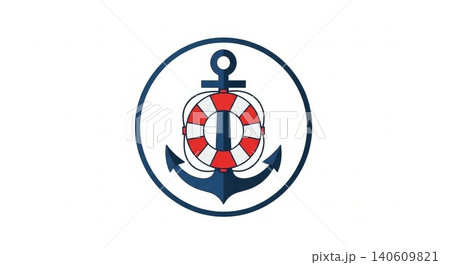 Nautical - Navy Blue Anchor with Red and White Life Preserver Ring Inside Circle Border Logo Icon 140609821