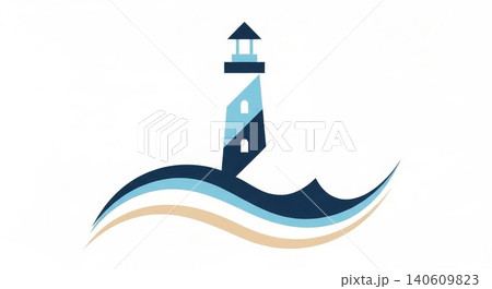 Navigation - Lighthouse Logo Design with Ocean Waves and Sandy Beach Layers in Blue and Beige Tones 140609823