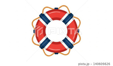 Safety - Red and Navy Blue Life Preserver Ring with Rope Nautical Emergency Buoy Isolated on White Background Safety - Red and Navy Blue Life Preserver Ring with Rope Nautical Emergency Buoy Isolated on White Background 140609826