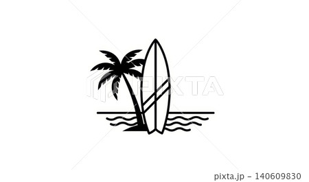 Summer - Black and White Surfboard and Palm Tree Silhouette Icon with Ocean Waves Beach Logo Design 140609830