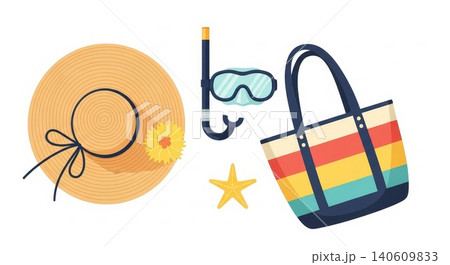 Summer Beach - Straw Sun Hat Snorkel Mask Starfish and Colorful Striped Tote Bag Flat Lay Collection Summer Beach - Straw Sun Hat Snorkel Mask Starfish and Colorful Striped Tote Bag Flat Lay Collection 140609833