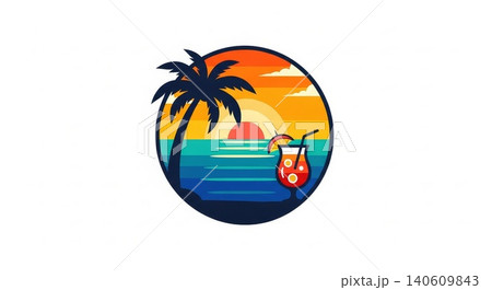 Travel - Tropical Beach Sunset Circle Logo with Palm Tree Silhouette and Cocktail Drink Icon Travel - Tropical Beach Sunset Circle Logo with Palm Tree Silhouette and Cocktail Drink Icon 140609843