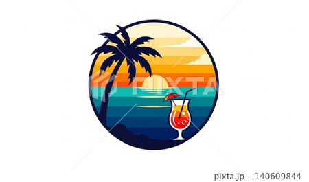 Travel - Tropical Beach Sunset Circular Logo with Palm Tree Silhouette and Colorful Cocktail Drink Travel - Tropical Beach Sunset Circular Logo with Palm Tree Silhouette and Colorful Cocktail Drink 140609844