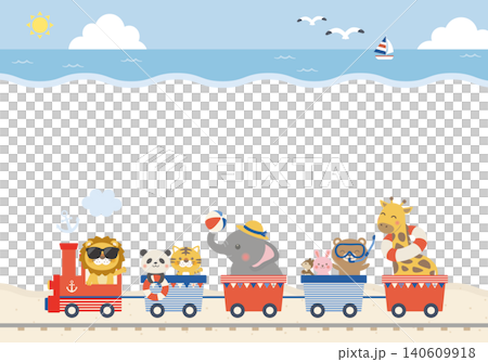 [向量圖] 可愛的兒童背景插圖（橫向），描繪了夏日海洋和動物火車，並留有文字空間。 140609918