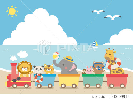 【ベクター】夏の海辺を走るかわいい動物汽車 ビーチを楽しむ動物たちのイラスト(横長) 【ベクター】夏の海辺を走るかわいい動物汽車 ビーチを楽しむ動物たちのイラスト(横長) 140609919