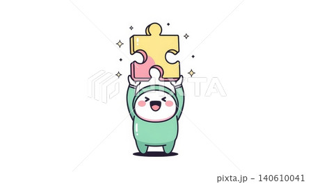 Puzzle - Cute Kawaii Character in Green Outfit Holding Two Interlocking Puzzle Pieces Overhead with Joy Puzzle - Cute Kawaii Character in Green Outfit Holding Two Interlocking Puzzle Pieces Overhead with Joy 140610041