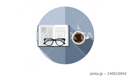 Reading - Flat Design Illustration of Open Book with Glasses and Hot Coffee Cup on Blue Circle Background 140610042