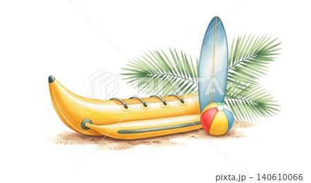 Summer Beach - Yellow Banana Boat Inflatable Watercraft with Surfboard Beach Ball and Palm Leaves Watercolor 140610066