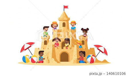 Beach - Diverse Group of Happy Children Playing and Building Large Sandcastle Together on Summer Beach Day 140610106