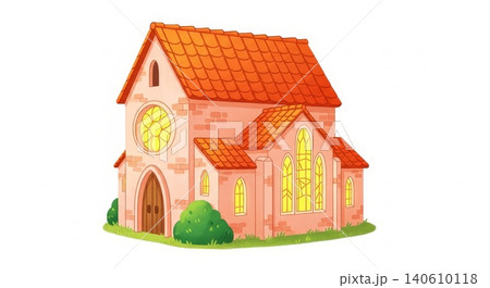Church - Cute Cartoon Style Small Stone Chapel with Rose Window Glowing Stained Glass and Orange Tiled Roof Church - Cute Cartoon Style Small Stone Chapel with Rose Window Glowing Stained Glass and Orange Tiled Roof 140610118