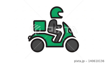 Delivery - Green Scooter Motorcycle Icon with Rider Helmet and Cargo Box Flat Vector Illustration 140610136