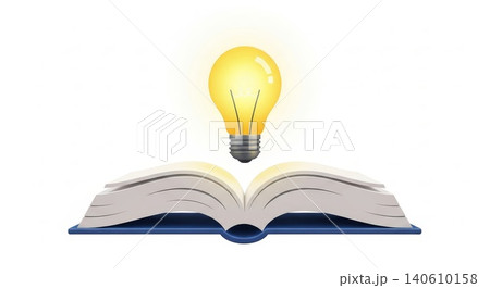 Education - Glowing Light Bulb Floating Above Open Book Representing Knowledge Ideas and Learning Concept 140610158
