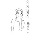 片手を頬に当ててほほ笑む女性の線画イラスト(右寄せ・コピースペース用) 140610199