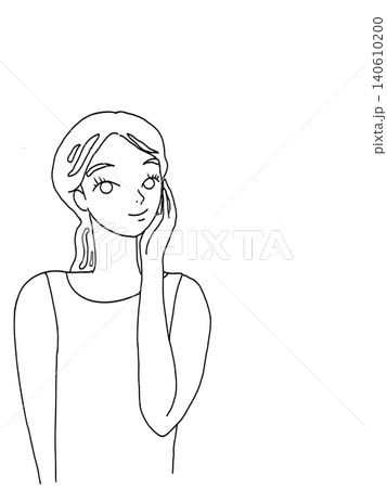 片手を頬に当てて微笑む女性のイラスト(左寄せ・コピースペース用) 片手を頬に当てて微笑む女性のイラスト(左寄せ・コピースペース用) 140610200