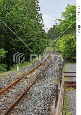 木が両脇に生い茂る線路 140610511