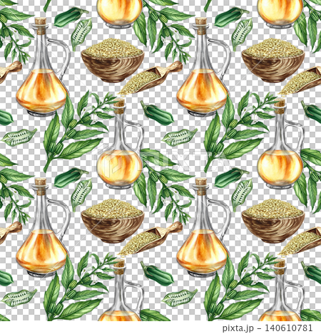 Seamless pattern using sesame oil. Hand-drawn watercolor illustration. Sesame plants and seeds in a bowl and scoop, bottles of oil. For textiles, wallpaper, product labels, wrapping paper, and more. Seamless pattern using sesame oil. Hand-drawn watercolor illustration. Sesame plants and seeds in a bowl and scoop, bottles of oil. For textiles, wallpaper, product labels, wrapping paper, and more. 140610781