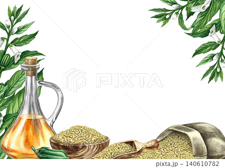 Sesame oil frame. Hand-drawn watercolor illustration. Bottle of oil, sesame seeds in a bag and a cup, and a sesame plant. Perfect for product labels, posters and banners, menus, postcards, and more. Sesame oil frame. Hand-drawn watercolor illustration. Bottle of oil, sesame seeds in a bag and a cup, and a sesame plant. Perfect for product labels, posters and banners, menus, postcards, and more. 140610782