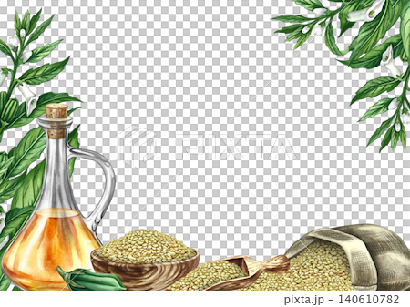 Sesame oil frame. Hand-drawn watercolor illustration. Bottle of oil, sesame seeds in a bag and a cup, and a sesame plant. Perfect for product labels, posters and banners, menus, postcards, and more. Sesame oil frame. Hand-drawn watercolor illustration. Bottle of oil, sesame seeds in a bag and a cup, and a sesame plant. Perfect for product labels, posters and banners, menus, postcards, and more. 140610782