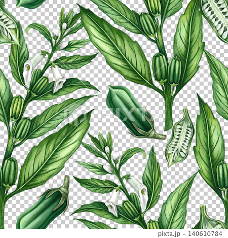 Seamless pattern with green sesame stalks with leaves, pods, and flowers. Hand-drawn watercolor illustration. For kitchen decor, textiles, wallpaper, product labels, wrapping paper, menus, and more. 140610784