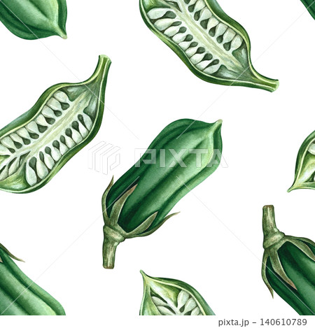Seamless pattern with whole and cut green sesame pods. Hand-drawn watercolor illustration. Perfect for kitchen decor, textiles, wallpaper, product labels, wrapping paper, menus, and more. Seamless pattern with whole and cut green sesame pods. Hand-drawn watercolor illustration. Perfect for kitchen decor, textiles, wallpaper, product labels, wrapping paper, menus, and more. 140610789