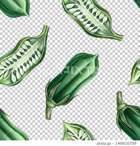 Seamless pattern with whole and cut green sesame pods. Hand-drawn watercolor illustration. Perfect for kitchen decor, textiles, wallpaper, product labels, wrapping paper, menus, and more. Seamless pattern with whole and cut green sesame pods. Hand-drawn watercolor illustration. Perfect for kitchen decor, textiles, wallpaper, product labels, wrapping paper, menus, and more. 140610789