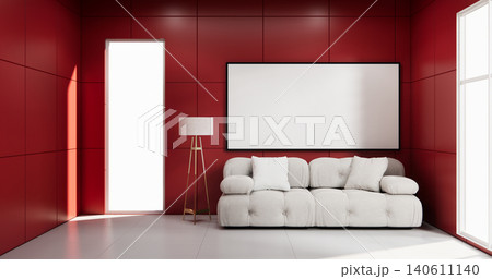 Red Living room with red wall and modern sofa on tiles floor.3D rendering Red Living room with red wall and modern sofa on tiles floor.3D rendering 140611140