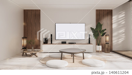 Cabinet on scene white living room wall decoration and granite tiles floor.3D rendering 140611204